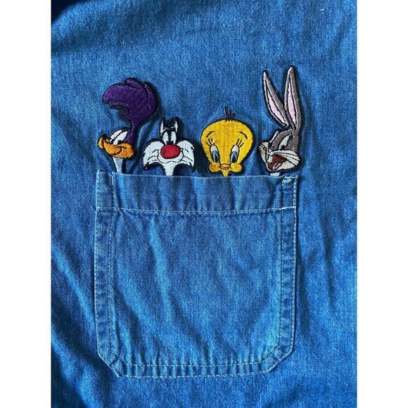 Vintage 1992 Looney Tunes Top Line USA Large Light Denim Button Up Shirt Y2K 90s - Picture 2 of 4